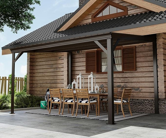 Domi 10’x12’ Lean-to Gazebo, Hardtop Wall-Mounted Gazebo Pergola with Sloping Galvanized Steel Roof and Upgraded Drainage System, Outdoor Permanent Metal Shelters for Patio Backyard Deck, Brown