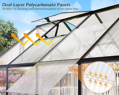 Jocisland 8x11.5x7 FT Polycarbonate Greenhouses for Outdoors, 2 Top-Opening Windows, 2 Swing Doors, Aluminum Walk-in Heavy Duty for Outdoor Use, Backyard Garden, Black