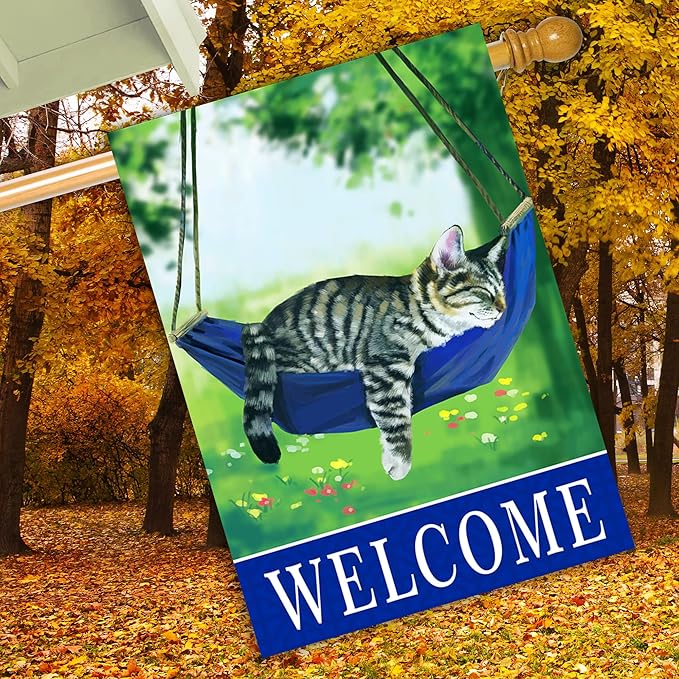 Welcome cat garden flags for outside 28x40，seasonal flags with cats double sided house flags, spring House Yard Lawn Decor Holiday Funny Garden Yard Decoration