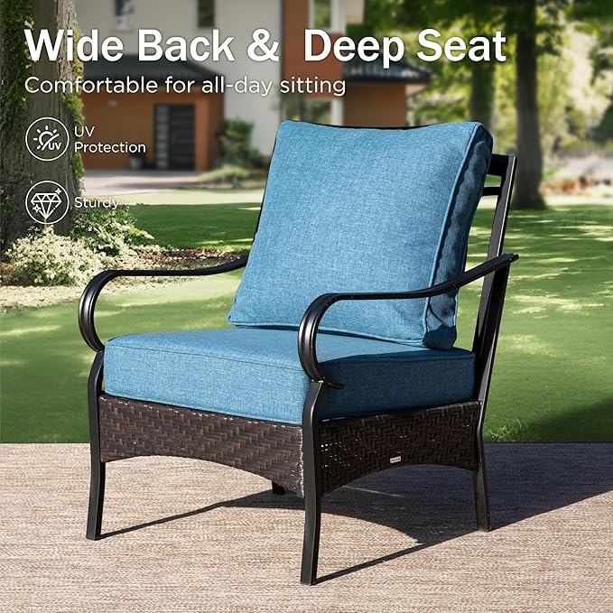 PHI VILLA Patio Chairs Set of 2, Outdoor Wicker Chairs with Thick Cushion, All Weather High Back Outdoor Furniture for Balcony Porch and Yard