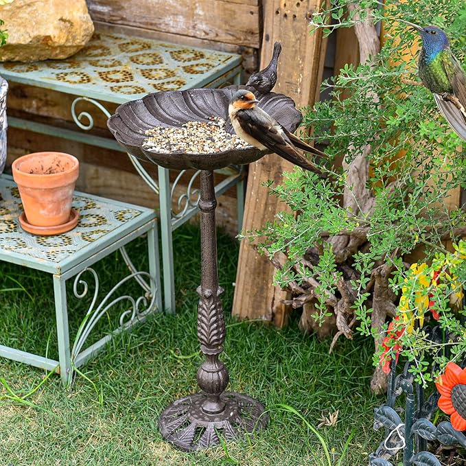 Sungmor Cast Iron Bird Bath for Outside, 21 Inch Height Garden Standing Feeder, Antique Style & Shell-Shape Bird Bath Bowl, Decorative Pedestal Birdbath, Outdoor Yard Deck Patio Ornament