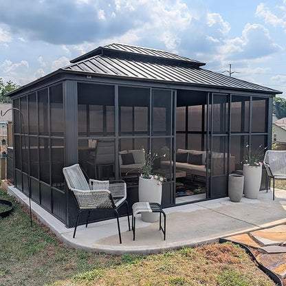 PURPLE LEAF 12' X 16' Solarium Sunroom with Light Permanent Hardtop Gazebo Galvanized Steel Double Roof Aluminum Outdoor Screen House for Lawn Deck Backyard Grey