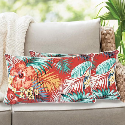 Lumbar Pillow with Insert, Set of 2, Outdoor Indoor Waterproof Decorative Patio Lumbar Pillow 12x20 Inch, Rectangular Cushion for Couch Sofa Garden Farmhouse Decoration-Chili Red Floral