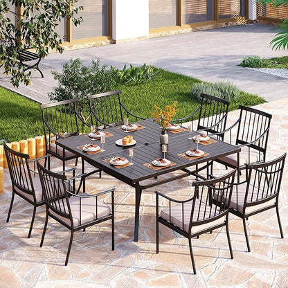 PHI VILLA Outdoor Metal Dining Chairs with Cushion, 300lbs Black Heavy Duty Weatherproof Chairs for Patio, Deck, Yard - Set of 2