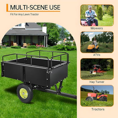 Utility Trailer, Steel ATV Trailer, Heavy Duty Lawn Mower Trailers, 750 Lbs 15 Cu.Ft. with Removable Sides, Pneumatic Tires and Quick Dump Pull Back, Dump Trailers for Gardens, Tractors, and Farms
