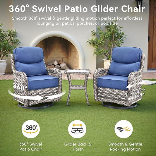 Luxury High Back Outdoor Swivel Rocker Patio Chairs with Side Table & 6-Inch Thick Cushions, 3 Pieces Patio Furniture Set for Porch, Balcony, Deck and Yard
