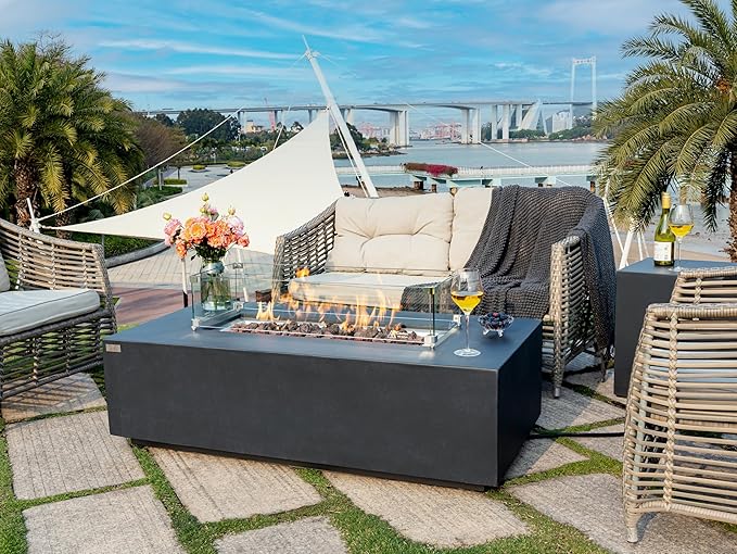 AMS Creations | Chelsea 55 inches Rectangular Propane Gas Outdoor Fire Pit Table | Concrete GFRC Fire Pit Table | with SS Burner, Tank Cover, Canvas Cover, SS Lid, Lava Rock, and Wind Guard Included