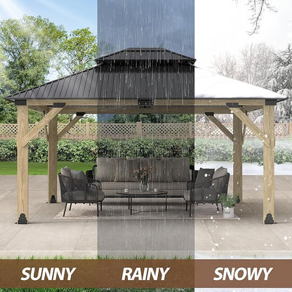 13'x15' Wood Gazebo,Outdoor Hardtop Gazebo with Galvanized Steel Doule Roof, Wooden Frame Gazebos for Patio Backyard Deck