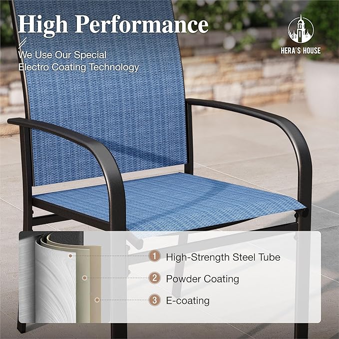 HERA'S HOUSE Patio Dining Chairs Set of 8, 36" Textilene Fabric Outdoor Chairs with Wrought Iron Metal Frame Support 350lbs for Lawn Backyard Garden Kitchen, Blue