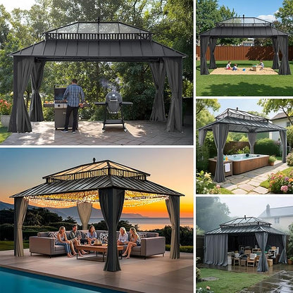 SUNJOY Kingston 16' x 12' Hardtop Gazebo with Galvanized Steel/Polycarbonate Double Roof, Curtain and Netting, Gray Aluminum Posts Permanent Pavilion Gazebo for Garden, Patio, Deck, Lawn