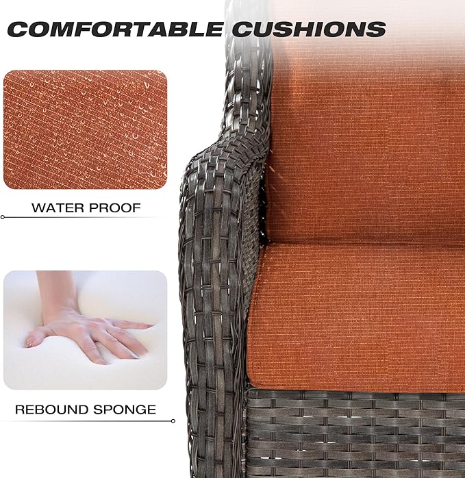 Joyside Wicker Patio Furniture Set 6 Piece Set with 1 Three-Seat Sofa, 2 Swivel Rocker Chairs, 2 Ottomans and 1 Side Table, Outdoor Furniture Patio Conversation Sets(Mixed Grey/Orange)