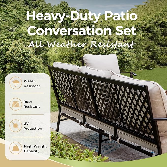 Patio Furniture Set 5 pcs, Outdoor Patio Furniture, 3-Seat Sofa, 2 Swivel Chairs, 2 Ottomans and 5.75" Extra Thick Cushion, Patio Conversation Set for Garden Backyard Deck,Beige