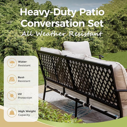 Patio Furniture Set with Firepit Table, 4 Pcs Metal Outdoor Conversation Set, 2 Rocking Chairs and 3 Seater Sofa with 5.75" Extra Thick Cushion and Gas Fire pit Table for Backyard Deck, Beige