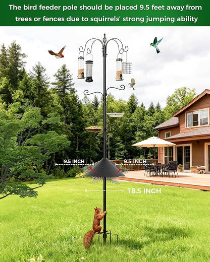 Bird Feeding Station, 94 Inch Wild Bird Feeders Pole with Wide Squirrel Baffle, 6-Hook, 4 Feeders, Water and Mesh Tray Humming Bird Feeders Stand for Outdoors Courtyards Gardens