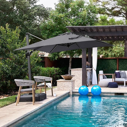 PURPLE LEAF 8' X 8' Patio Umbrella with Base for Pool 7' High Offset Outdoor Cantilever Umbrella Swimming Pool Umbrella with 360°Rotation for Poolside Grey