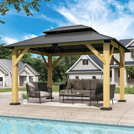 10 x 12 FT Wood Gazebo,Outdoor Wooden Hardtop Gazebo with Galvanized Steel Doule Roof,Cedar Wood Frame Gazebos for Patio Backyard Deck