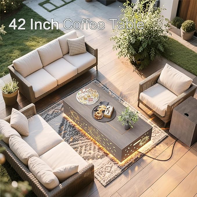 42" Outdoor Fire Pit Table, 50,000 BTU Gas Fire Pit with Glass Wind Guard, Fire Stones, Waterproof Cover, Propane Fire Pit Table for Outside Patio, Hollow-Out (Sunflower, Brown)