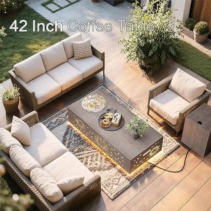 42" Outdoor Fire Pit Table, 50,000 BTU Gas Fire Pit with Glass Wind Guard, Fire Stones, Waterproof Cover, Propane Fire Pit Table for Outside Patio, Hollow-Out (Sunflower, Brown)
