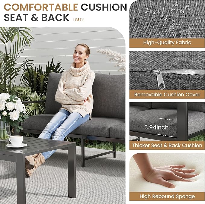 Aluminum Patio Conversation Set with Coffee Table 4PCS Deck Outdoor Furniture 7-Seat All-Weather Rust-Proof Sectional Sofa Set with Removable Cushion for Backyard, Poolside & Small Spaces