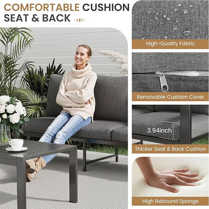 Aluminum Patio Furniture Set with Cushions 3-Piece Outdoor Sectional Metal Conversation Sofa Set with Coffee Table for Garden,Lawn,Backyard,Deck