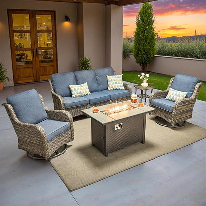 ovios 5 Pieces Patio Furniture Set, Outdoor Wicker Sofa Couch with Swivel Chairs 42" Fire Pit Table, High Back All Weather Modern Conversation Sets, Grey Rattan, Denim Blue