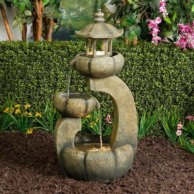 Alpine Corporation WIN1688 32" 2-Layer Pagoda Polystone Fountain with LED Lights, Cascading Waterfall, Outdoor Garden and Patio Water Feature, Zen Décor, Relaxing Sound, Brown