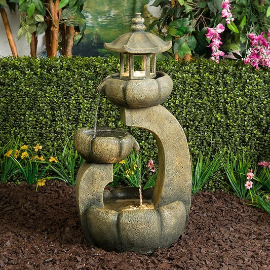 Alpine Corporation WIN1688 32" 2-Layer Pagoda Polystone Fountain with LED Lights, Cascading Waterfall, Outdoor Garden and Patio Water Feature, Zen Décor, Relaxing Sound, Brown