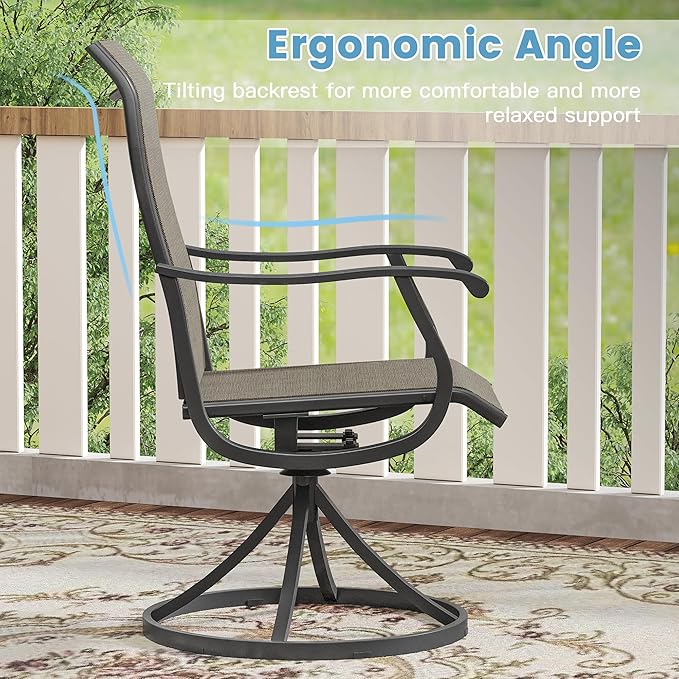 DIFY 5 Pieces Outdoor Patio Dining Set, 4 Brown Textilene Swivel Dining Chairs and 40.6" Walnut Round Dining Table, Metal Outdoor Table and Chairs