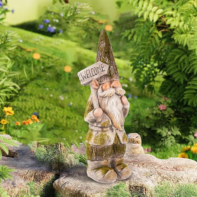 14”H Garden Gnomes Outdoor, Funny Porch Greeter Welcome Gnomes Decorations for Yard Patio Lawn, Resin Gnome Statues for Garden Decor, Unique Christmas Gnome Gift for Women