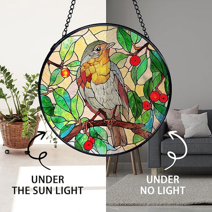 TNUW Bird Stained Glass Window Hanging, Bird Botanical Sun Catchers Indoor Window Glass Round Wall Art Decor, Birds Lover Gifts Wall Hanging Decorations, 7.9＂x7.9＂