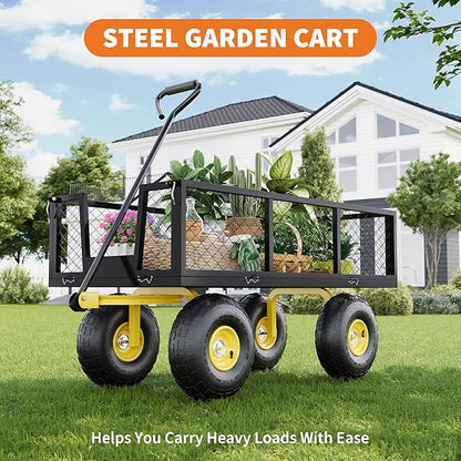 500 Lbs Garden Wagon, 2-in-1 Heavy-Duty Steel Garden Cart, with 10 Inch All-Terrain Tires and Removable Mesh Side Panels, 180° Rotating Handle, Metal Multi-Function Carts, Outdoor Gardens Wagon Cart