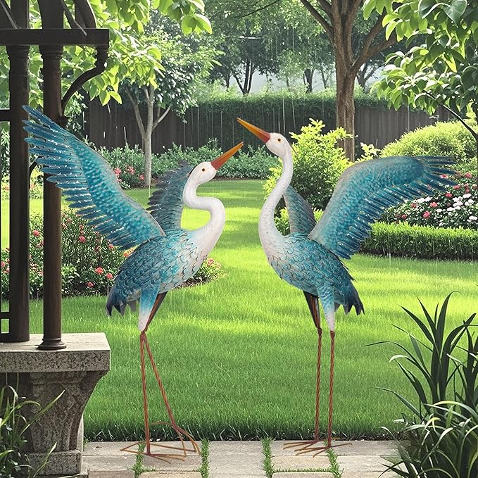 chisheen Garden Statue Outdoor Metal Heron Crane Yard Art Sculpture for Lawn Patio Backyard Decoration,46 inch (2-Pack) (White&Blue)