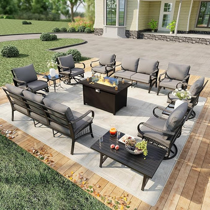12 Pieces Patio Conversation Sets, All Weather Metal Outdoor Furniture Set, 3-Seater, 4 Swivel Rockers, 2 Single Chairs, 1 Loveseat, 2 Side Tables, 1 Coffee Table, 1 Fire Pit Table for Outside, Gray
