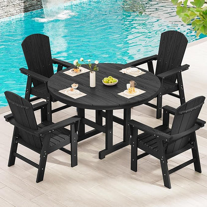 SERWALL 5 Piece Outdoor Dining Set, HDPE Dining Furniture Set with Umbrella Hole, 4 Adirondack Dining Chairs and 45" Round Dining Table, Black