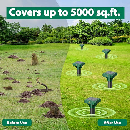 4 Pack Mole Repellent Solar Powered, IP65 Waterproof Gopher Chipmunk Repeller Outdoor, Groundhog Snake Repellent for Yard, Sonic Mole and Vole Deterrent Spikes, Effective Lawn and Garden Protection
