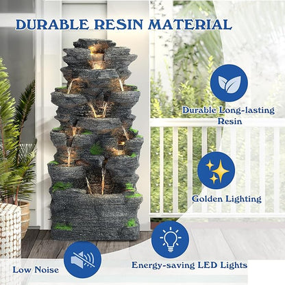 40''H Outdoor Water Fountain - Garden Rock Waterfall Fountains, Outdoor/Indoor Floor Standing Resin Water Fountain with 10 LED Light for Patio, Garden and Backyard, Deck, Porch, Home