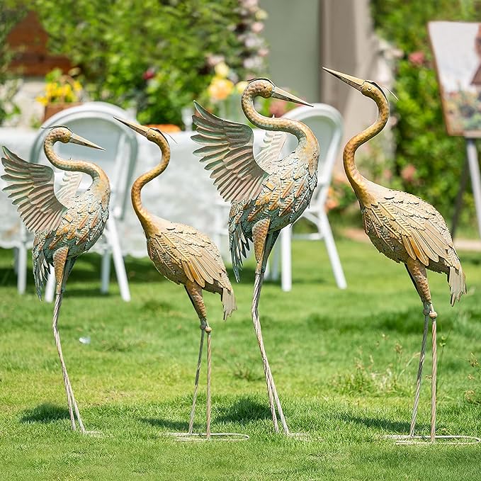 TERESA'S COLLECTIONS Garden Decor, Set of 2 Cranes Garden Decor, 33-39", Elegant Cranes with Golden Painting, Waterproof Metal Garden Statue, Herons Gifts Birthday Gifts for Women Mom
