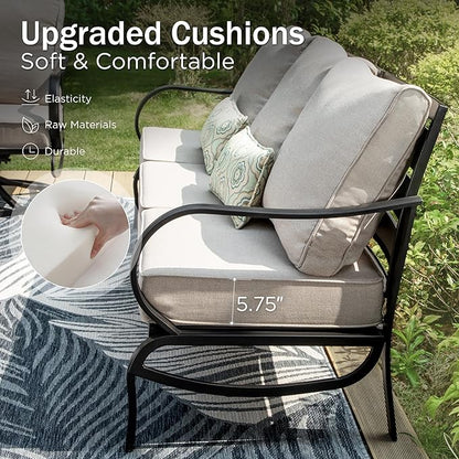 PHI VILLA 6 Piece Patio Furniture Sets with 1 x 3 Seater Padded Deep Seating Bench, 2 x Swivel Cushioned Sofa Chairs, 2 x Leg Sofa Chairs and 1 x Coffee Table, Outdoor Metal Furniture Set for 7