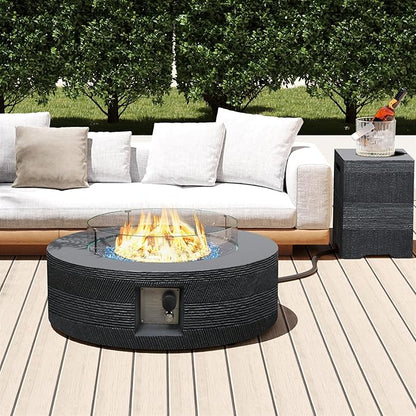 UPHA 42-inch Outdoor Propane Gas Fire Pit Table 50000 BTU Concrete Rectangle FirePit for Outside Patio with Propane Tank Cover, Wind Guad, Navyblue Fire Glass, Rain Cover, Grey Texture