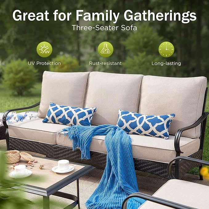 PHI VILLA Extra Large Outdoor Modern Patio Furniture Set, Upgraded Wicker&Metal Patio Furniture Conversation Set with Waterproof Thick Cushions for Porch, Poolside, Deck, and Yard(7 Pieces,Beige)