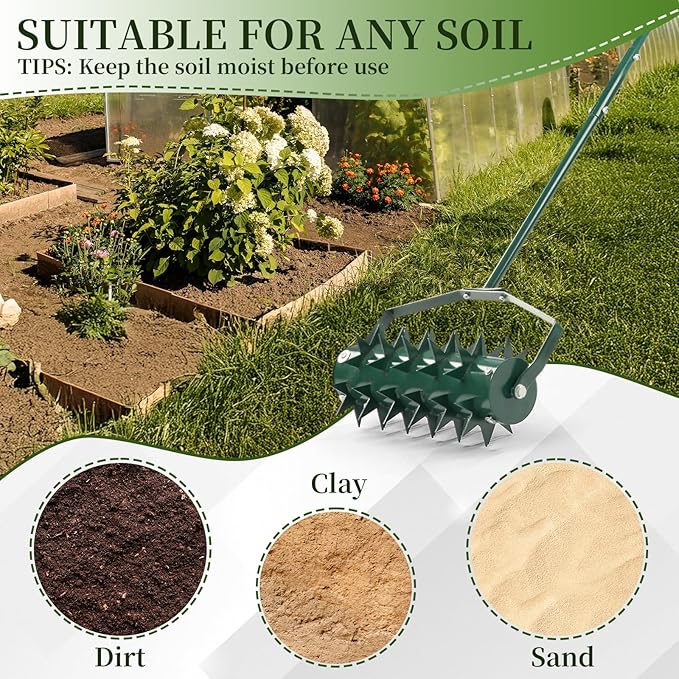 Outvita 60’’ Rolling Lawn Aerator, Heavy Duty Manual Aerator Lawn Tool for Garden Yard Patio with W-Shaped Blades ＆ 49" Handle (Green)