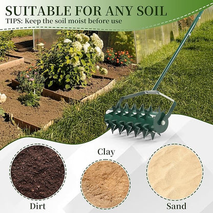 Outvita 60’’ Rolling Lawn Aerator, Heavy Duty Manual Aerator Lawn Tool for Garden Yard Patio with W-Shaped Blades ＆ 49" Handle (Green)