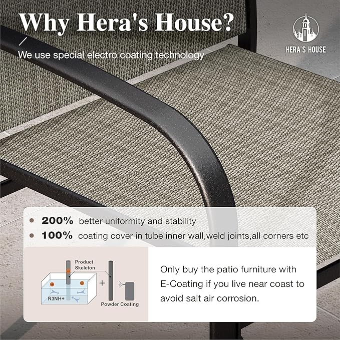 HERA'S HOUSE Patio Dining Chairs Set of 8, 36" Textilene Fabric Outdoor Chair with Wrought Iron Metal Frame Support 350lbs for Lawn Garden Backyard Kitchen, Brown