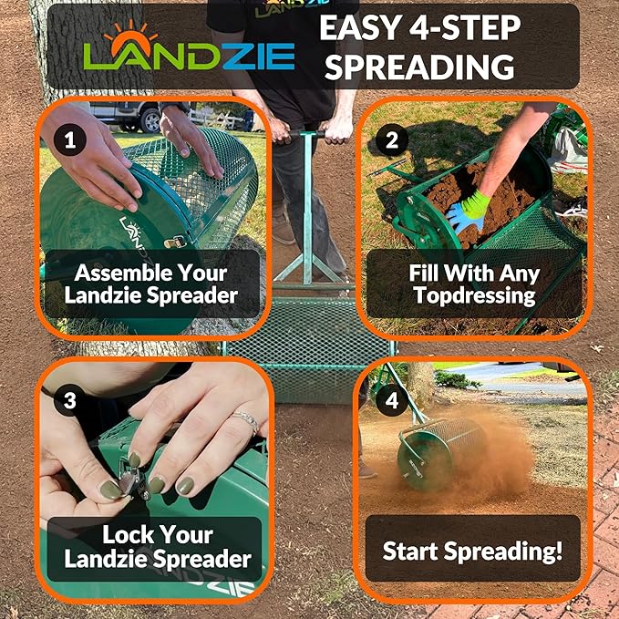 LANDZIE - The Original 24 Inch Compost and Peat Moss Spreader Roller - Top Soil, Sand, Manure, Mulch, Top Dressing Lawn and Garden Spreader