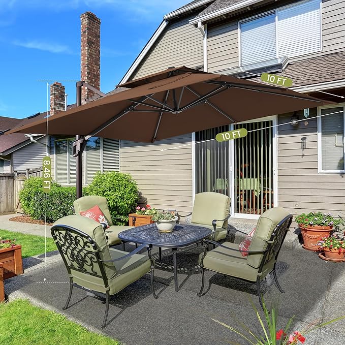 10x10 FT Cantilever Patio Umbrella Double Top Outdoor Square Large Heavy Duty Aluminum Offset Umbrellas with 7 Level Tilt 360-degree Rotation for Pool Garden Deck, Brown