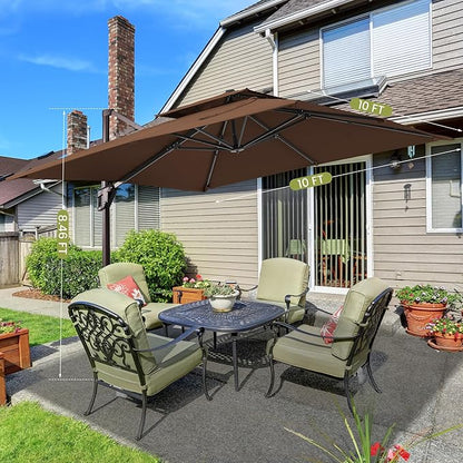 10x10 FT Cantilever Patio Umbrella Double Top Outdoor Square Large Heavy Duty Aluminum Offset Umbrellas with 7 Level Tilt 360-degree Rotation for Pool Garden Deck, Brown