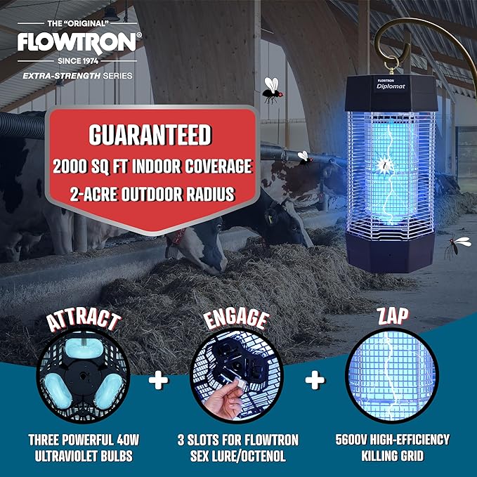 Flowtron Indoor/Outdoor Fly Control, 2000 sq.ft Indoor & 2 Acre Outdoor Insect Control with Dual Lure Method, 120W UV Light & Fly Sex Lure/Octenol for Flies and Mosquitoes, UL Certified
