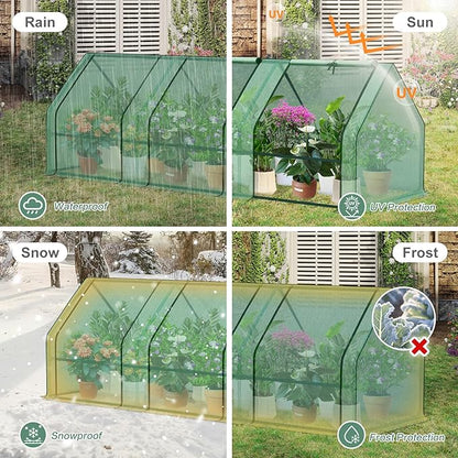Aoodor 9 x 3 x 3 ft Mini Greenhouse with 3 Zipper Doors, Water-Resistant, UV-Protected for Flowers, Vegetables, and Herbs, Green