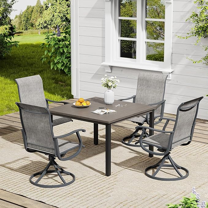 VICLLAX 5 Pieces Outdoor Dining Set, Patio Furniture Set of 4 Patio Swivel Dining Chairs and Square Patio Table, Grey Chairs & Antique Grey Tabletop
