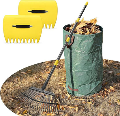 Leaf Rake 18” Wide Heavy Duty Metal 25 Tines Garden Rake Set with 30-75” Adjustable Long Handle for Yard Grass Shrub Mulch Including 32Gallon Garden Bag Leaf Scoops